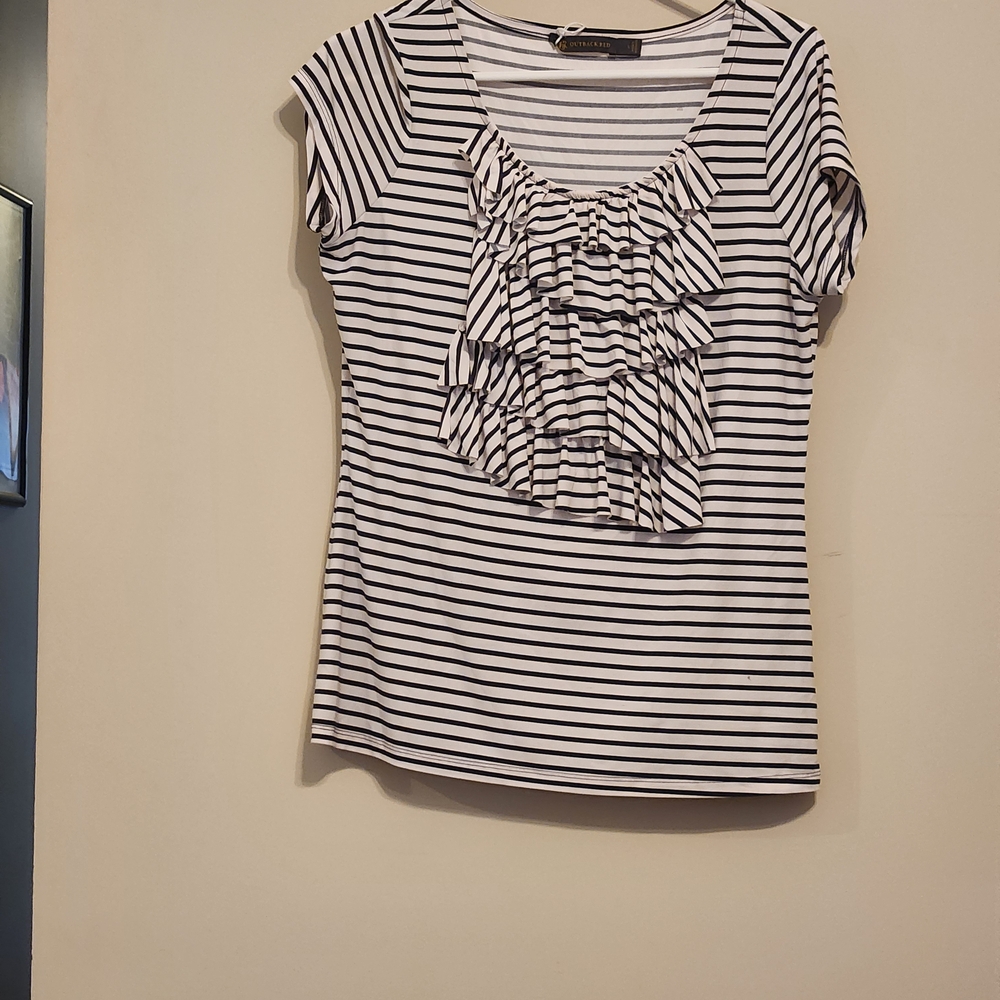 Outback Red Black and White Striped Ruffle Top